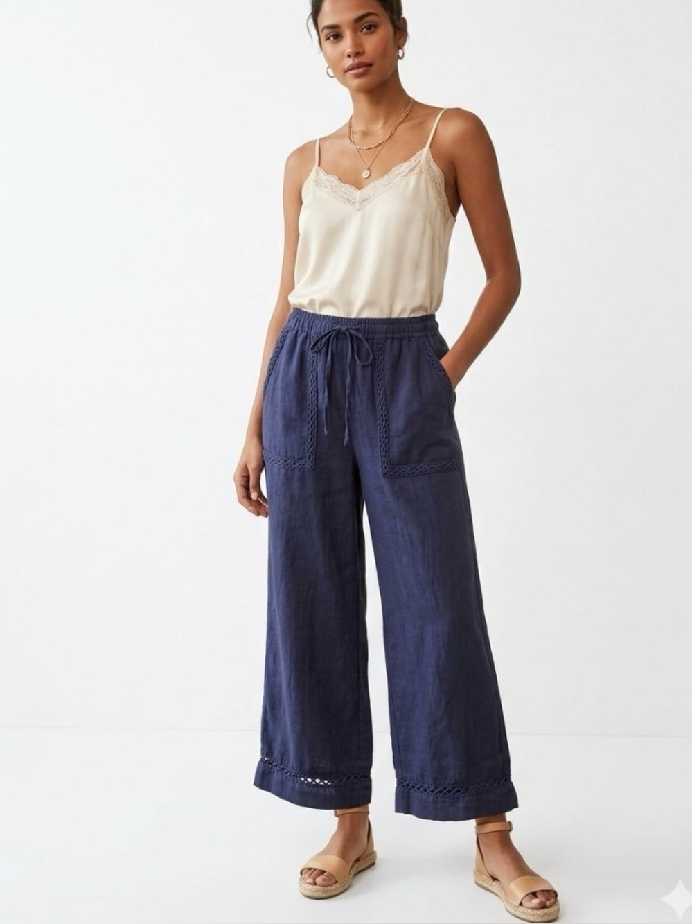 Joie Linen Wide Leg Crop Crochet Pants